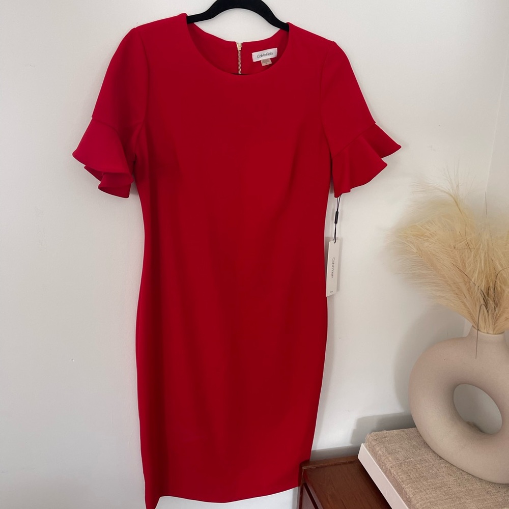Calvin Klein Red Midi Dress with Ruffled Sleeves